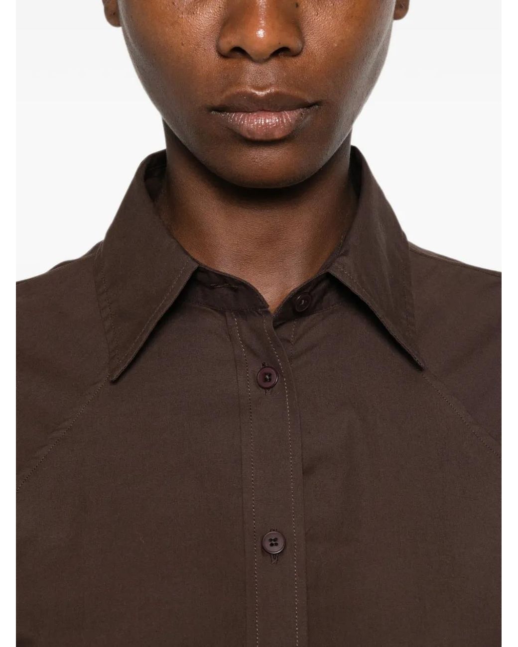 Closed Brown Deep Blouse With Classic Collar And Puffed Sleeves