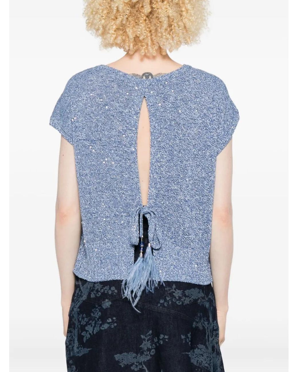 Kangra Blue Sequin-Embellished Sleeveless Top