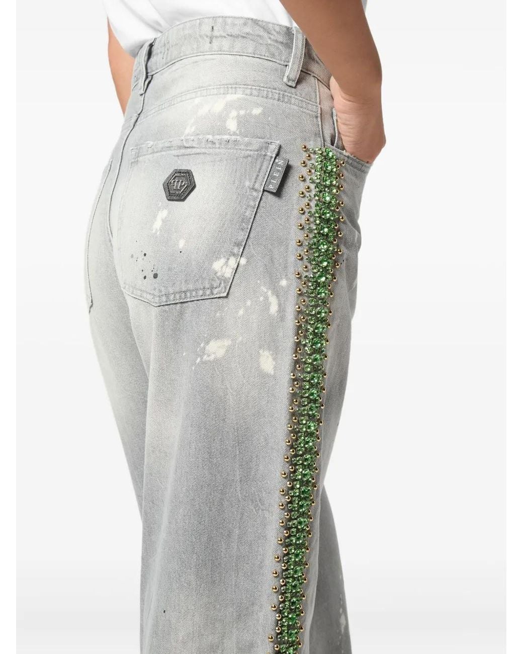 Philipp Plein Gray Crystal-Embellished Jeans