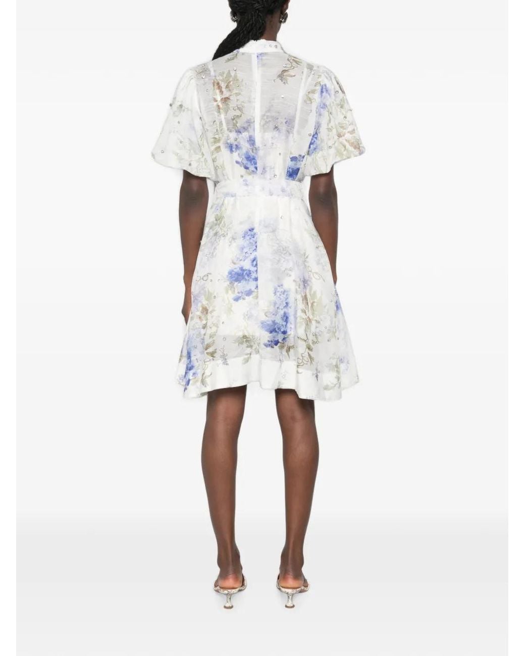 Paperlace White Crystal-Embellished Floral-Print Mini Shirt Dress