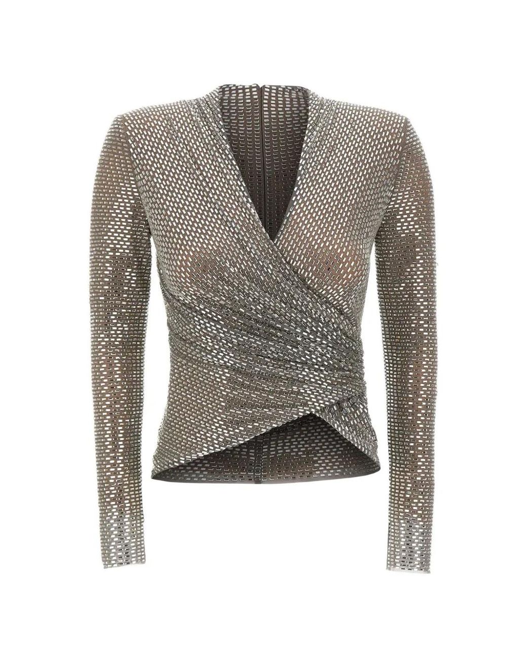 Self-Portrait Gray Rhinestone Mesh Wrap Top