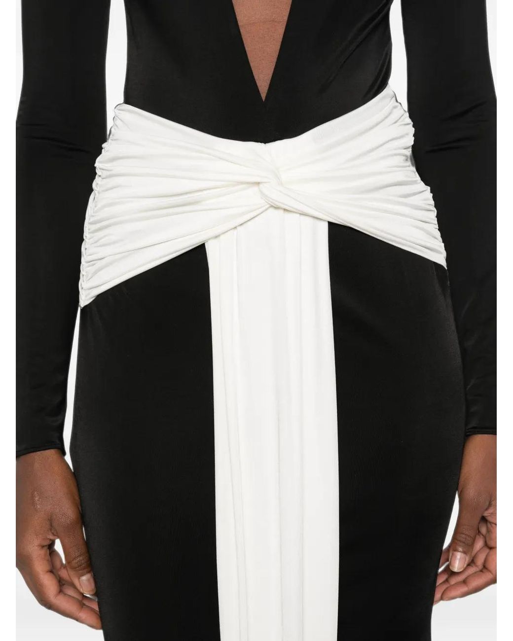 The New Arrivals Ilkyaz Ozel Black Plunging-Neckline Twisted-Waist Maxi Dress