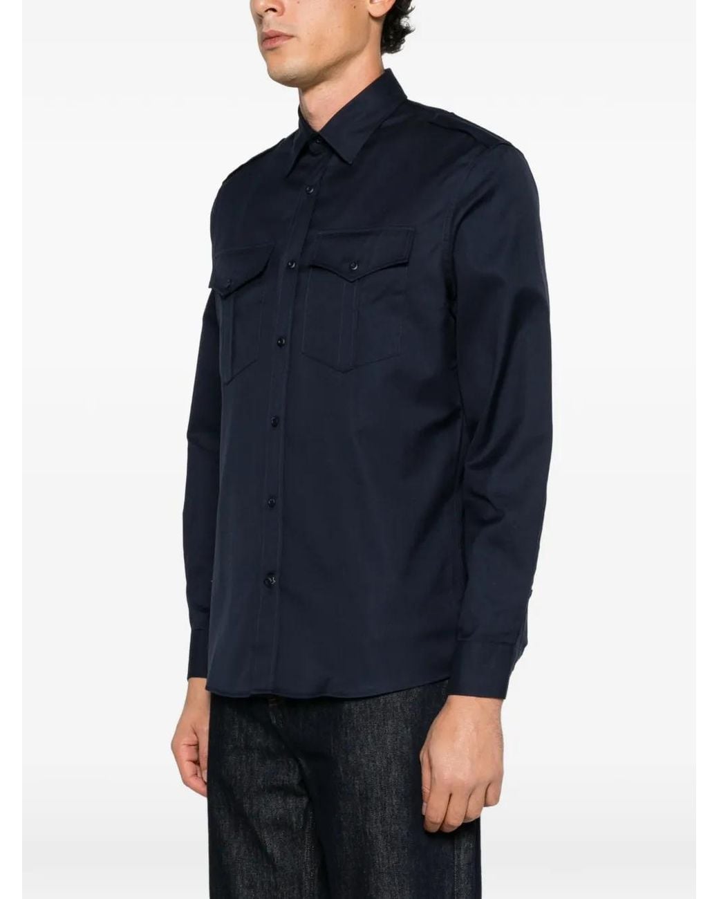 Brunello Cucinelli Blue Button-Flap Shirt for men