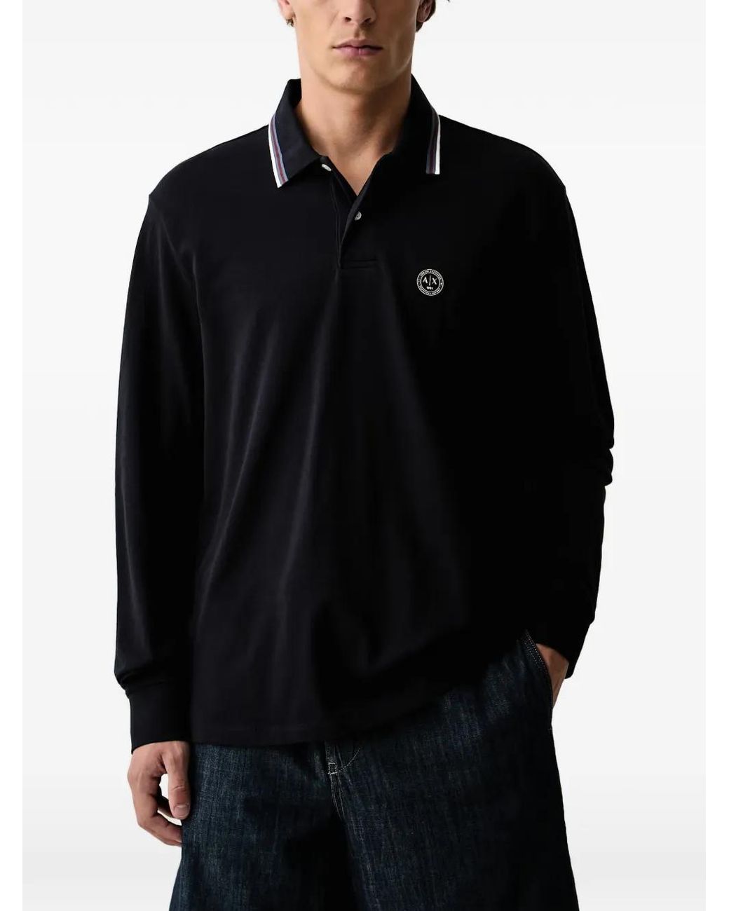 ARMANI EXCHANGE Black Logo-Patch Long-Sleeve Polo Shirt for men