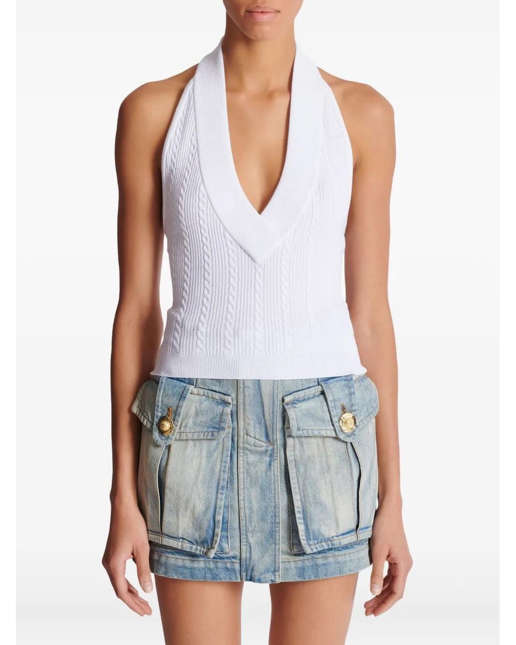 Balmain White Cable-Knit Halterneck Top