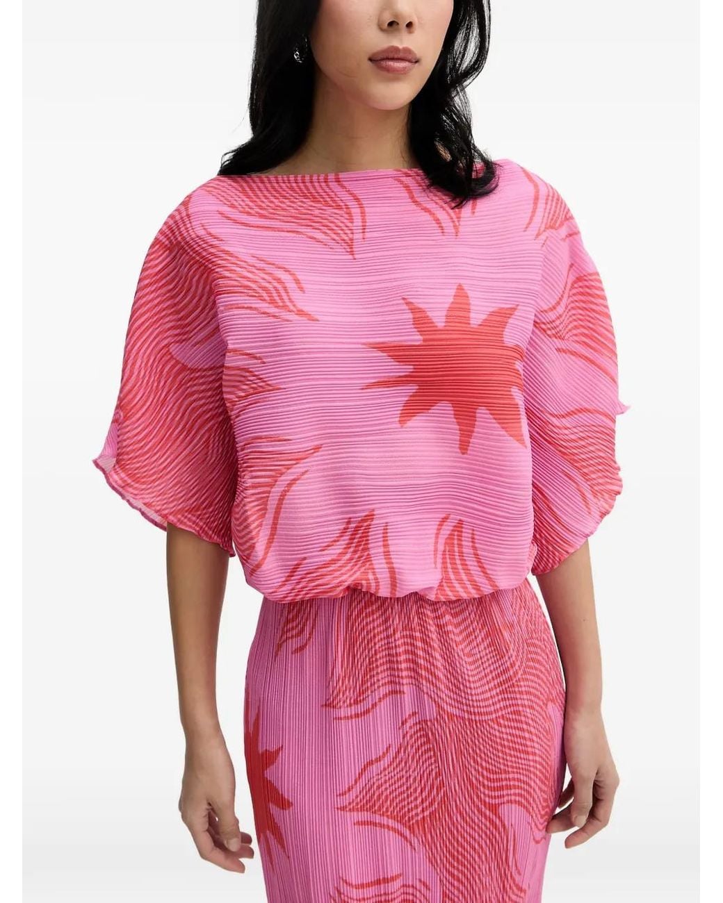 Never Fully Dressed Pink Plissé-Effect Sun-Print Midi Dress