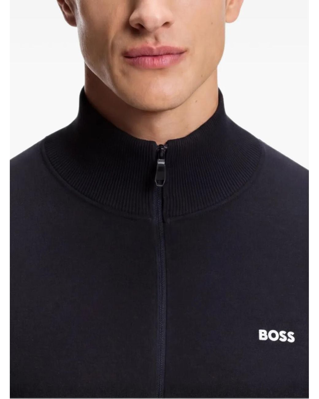Boss Blue Cardigan En Coton À Logo Contrastant for men