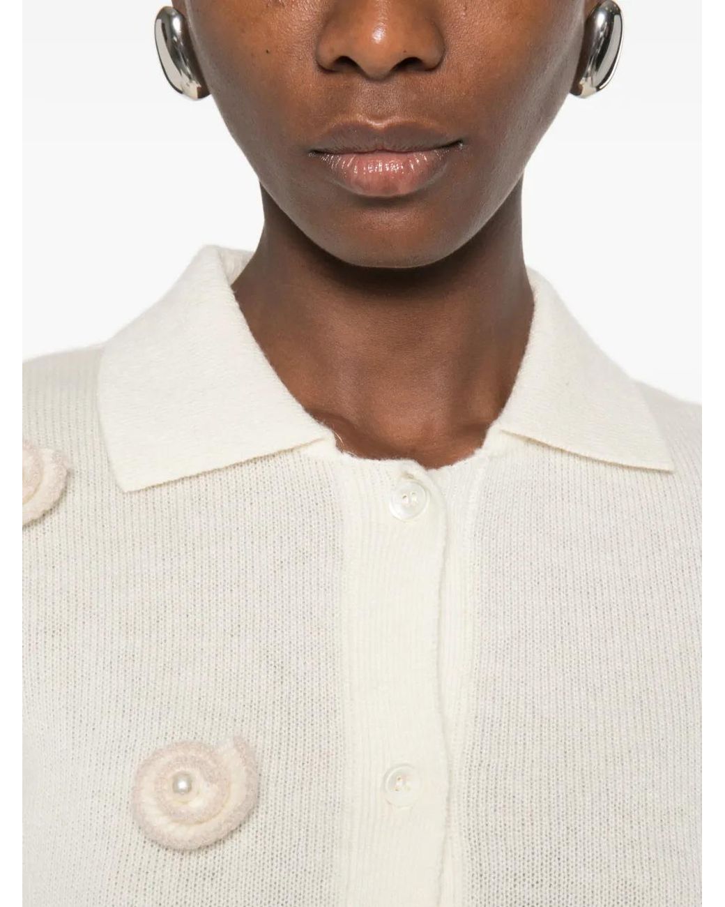 Stine Goya White Snail-Embellished Polo-Collar Cardigan