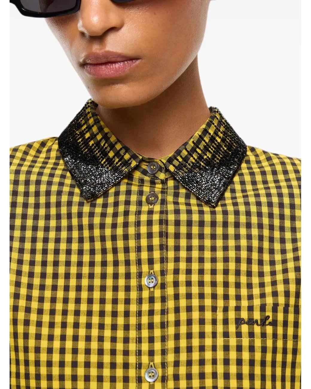 Pinko Green Cropped Check Shirt With Jewel Collar