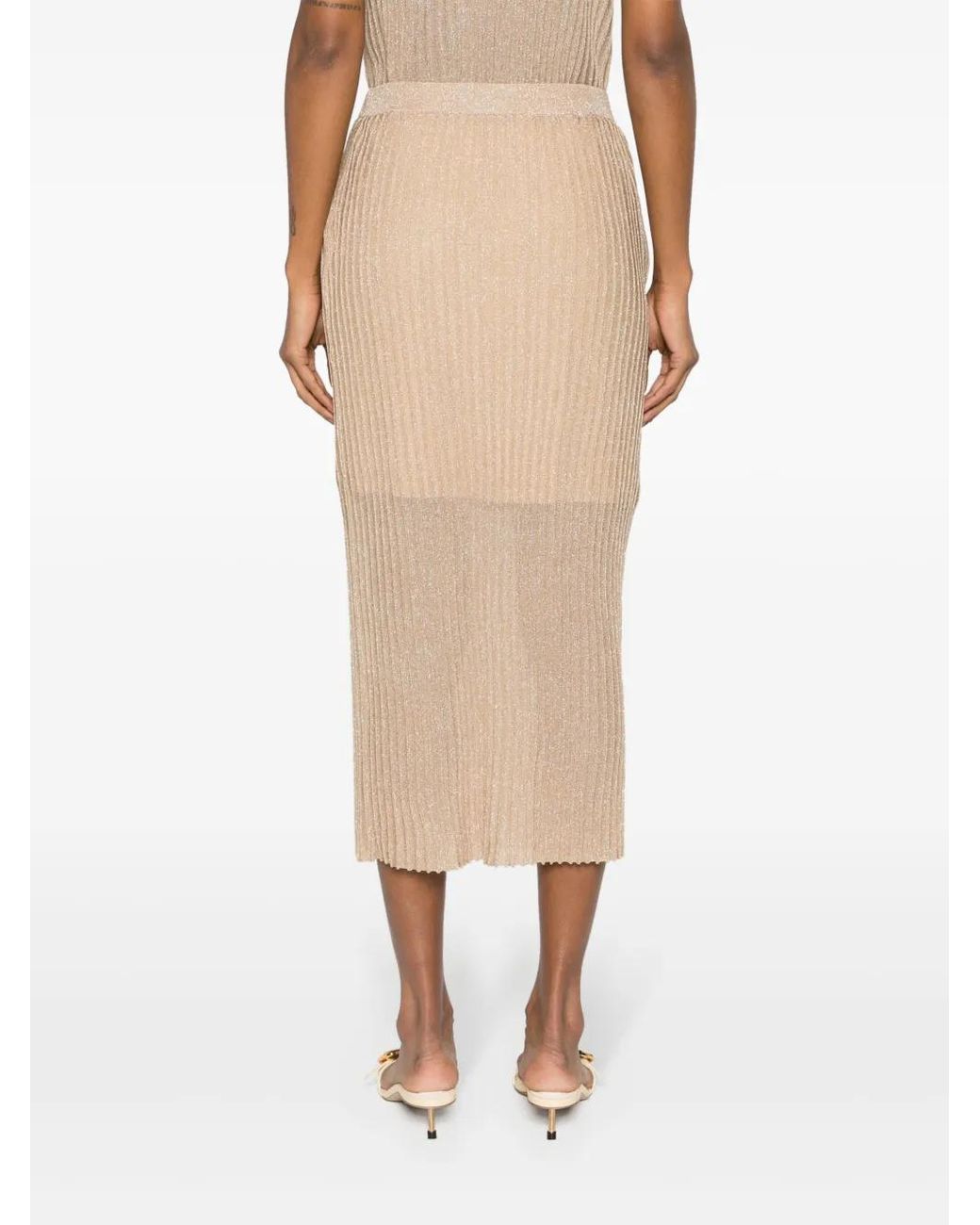 Twinset Natural High-Waisted Plissé Long Skirt