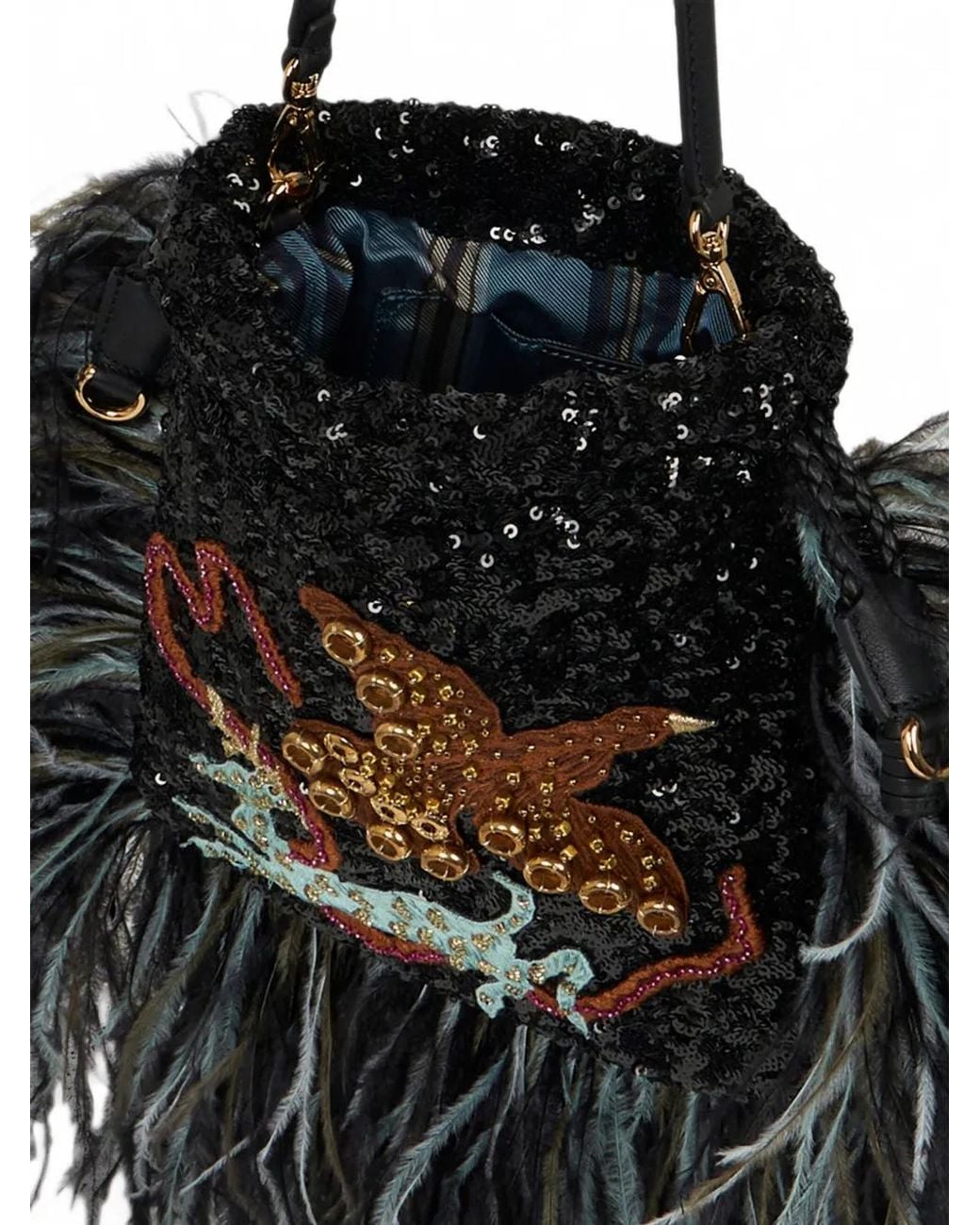 Etro Black Small Sequined Kalispera Shoulder Bag With Feather Detail And Animal Embroidery