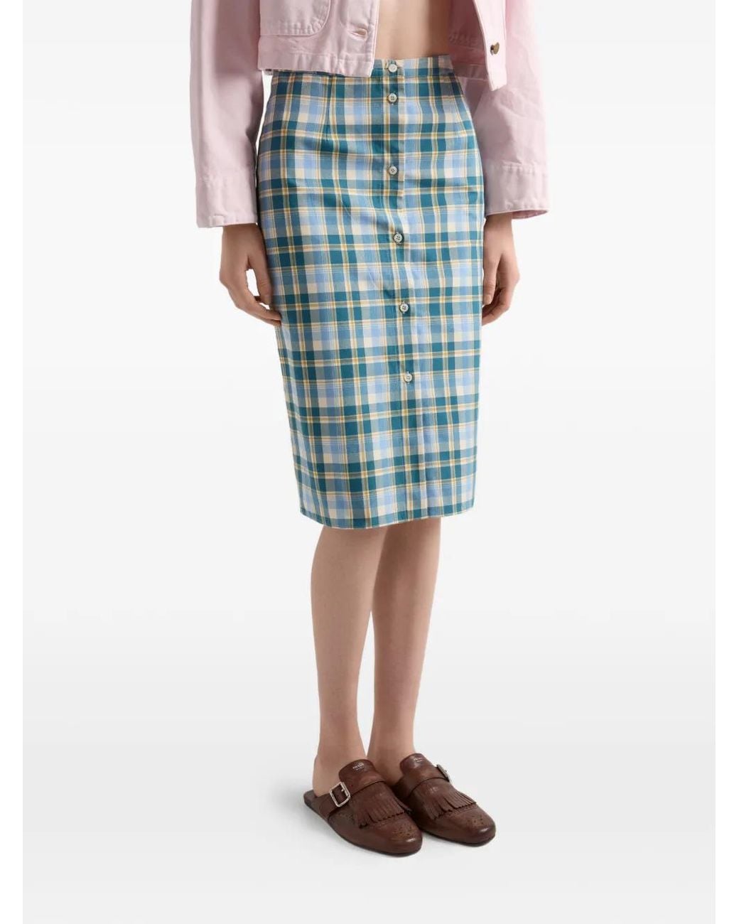Prada Blue Plaid Cotton Pencil Skirt