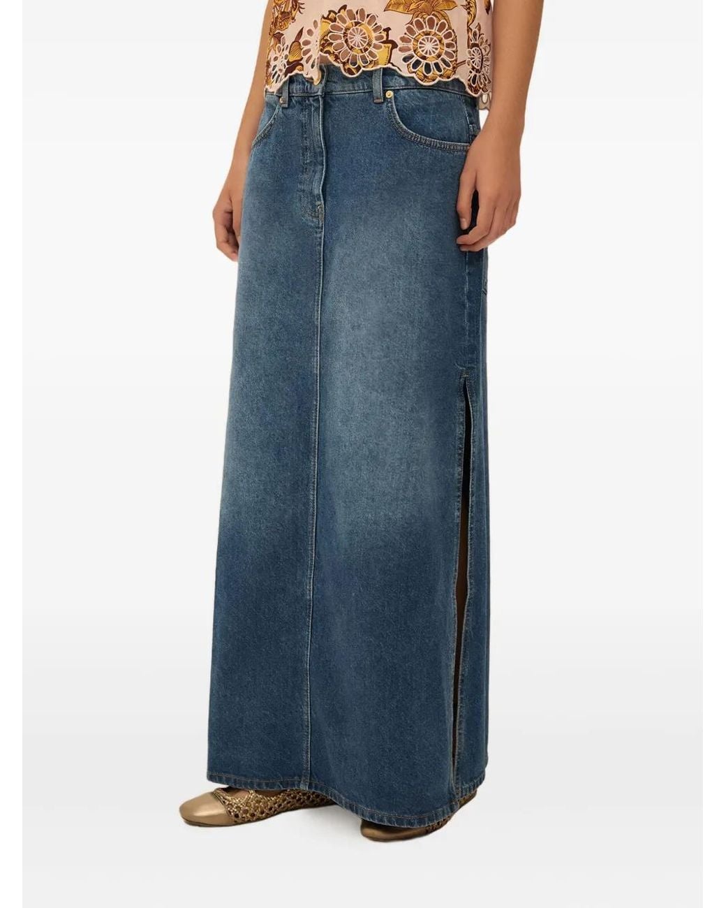 Farm Rio Blue Side-Slit Maxi Skirt