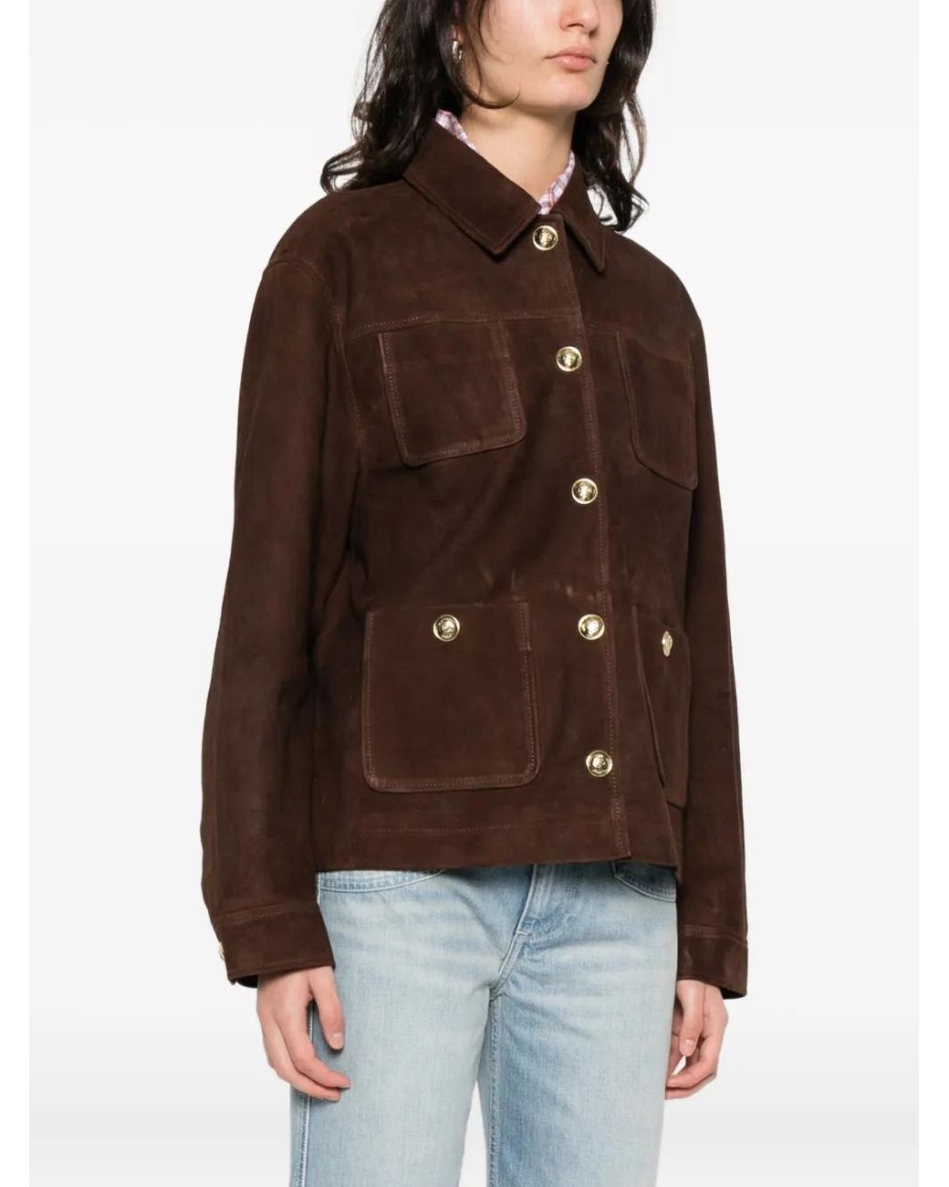 Sandro Brown Buttoned Pocket Leather Jacket