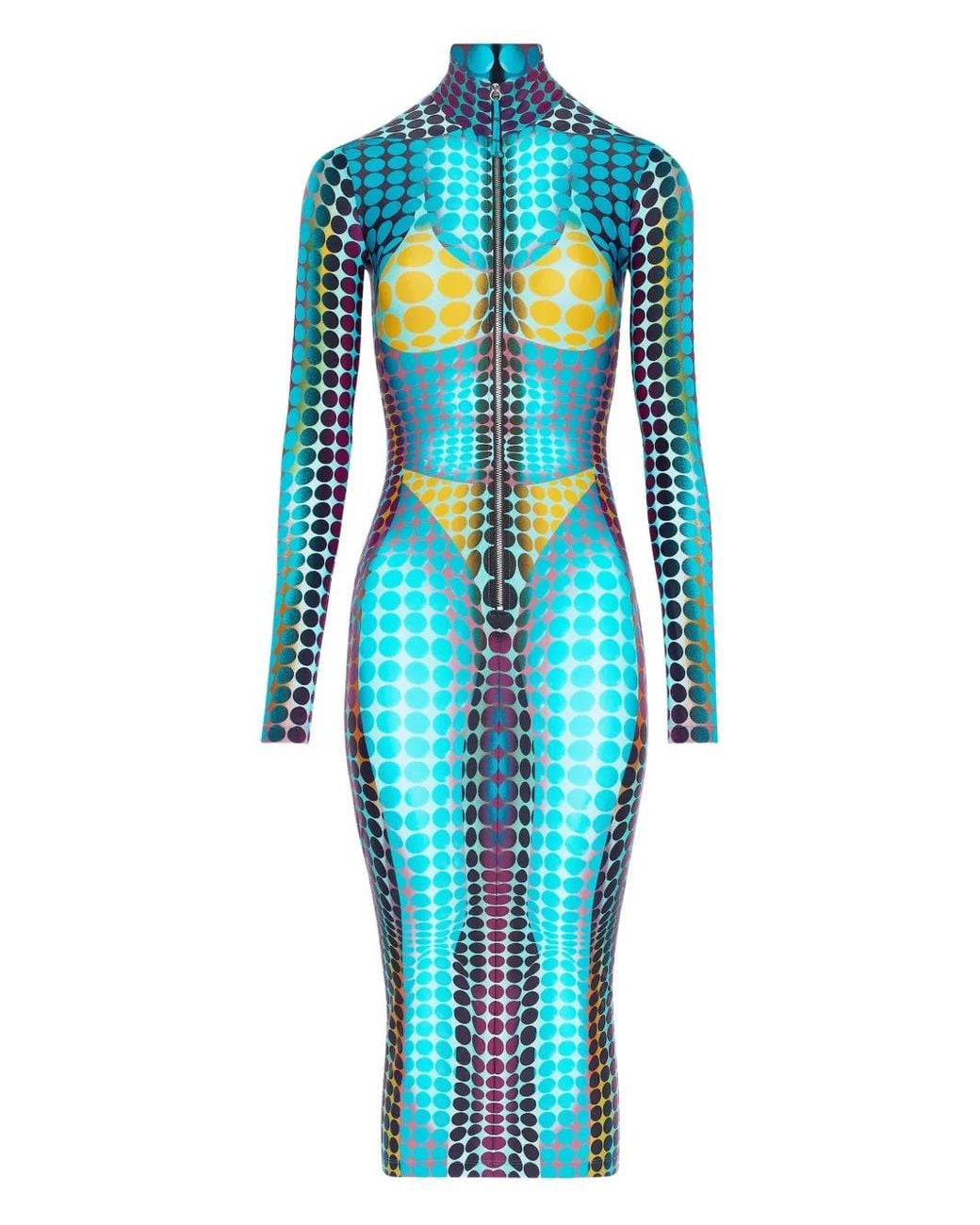 Jean Paul Gaultier Blue High-Neck Dots-Print Midi Dress