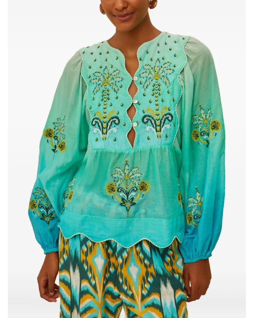 FARM Rio Palm Tree Embroidered Top in Green | Lyst