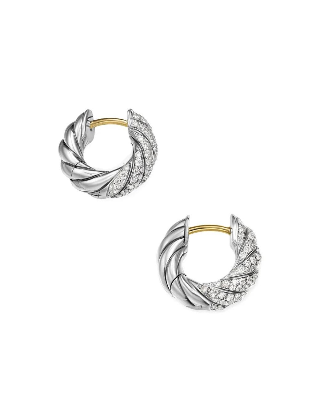 David Yurman White Sterling Sculpted Cable Diamond Hoop Earrings (14.4Mm)