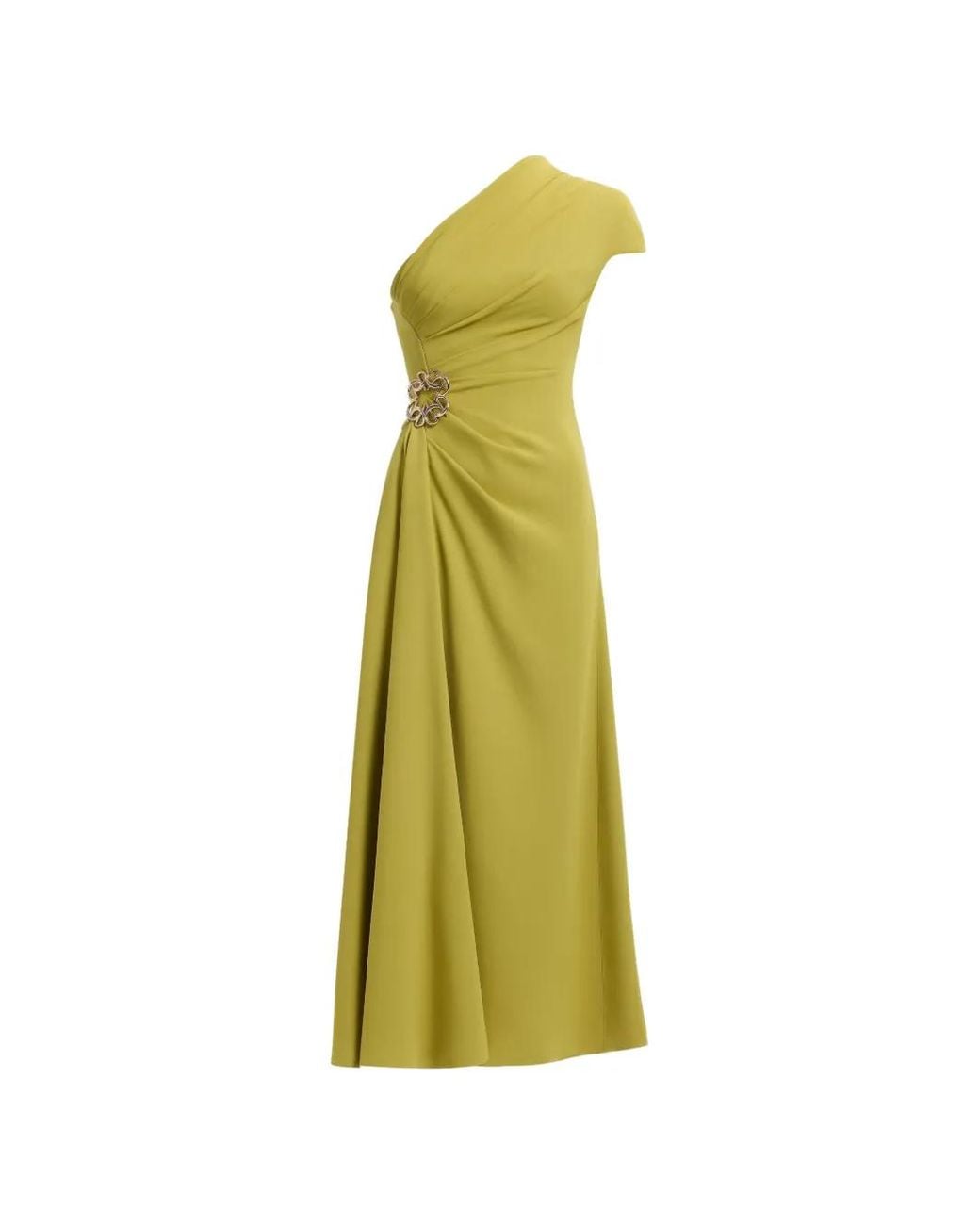 Elie Saab Green One-Shoulder Brooch-Detail Midi Dress