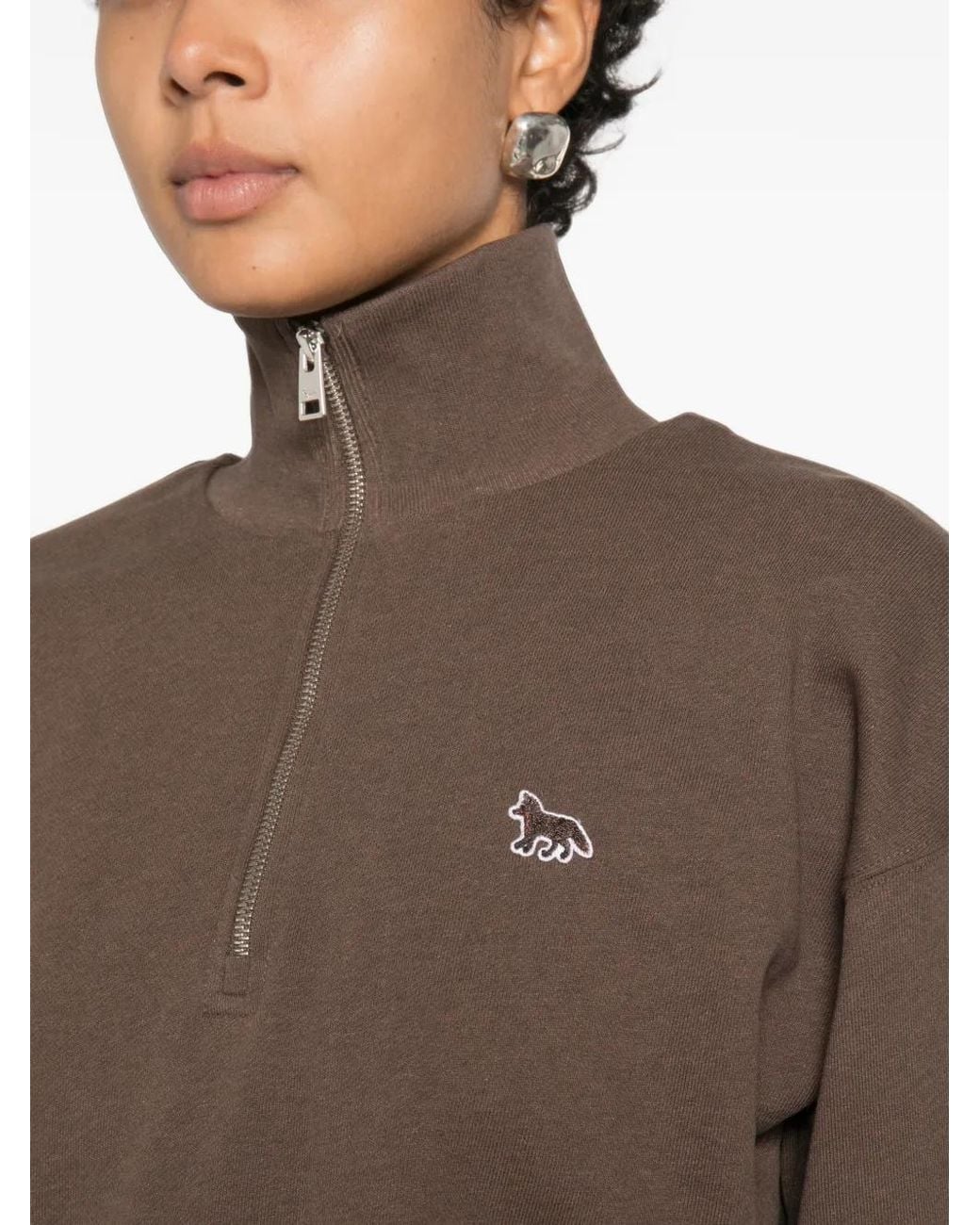 Maison Kitsuné Brown Logo-Patch Quarter-Zip Sweater