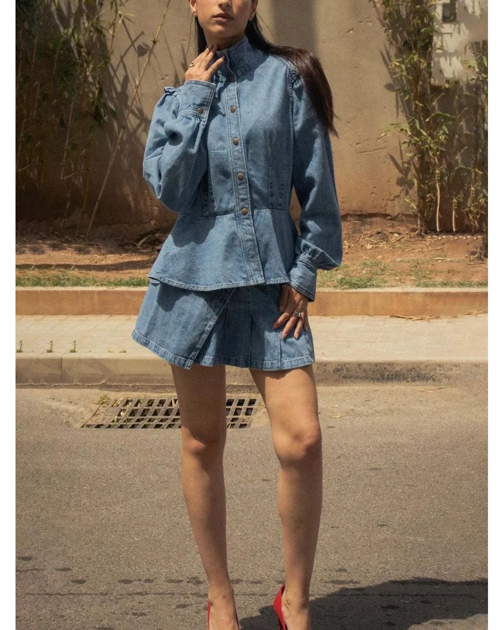 SOEUR & FRÈRES Blue Pearl Peplum Denim Top