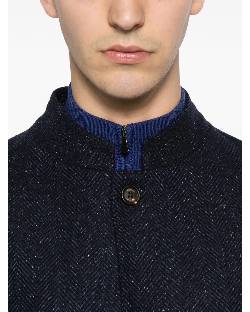 Eleventy Blue Herringbone Mandarin-Collar Jacket for men