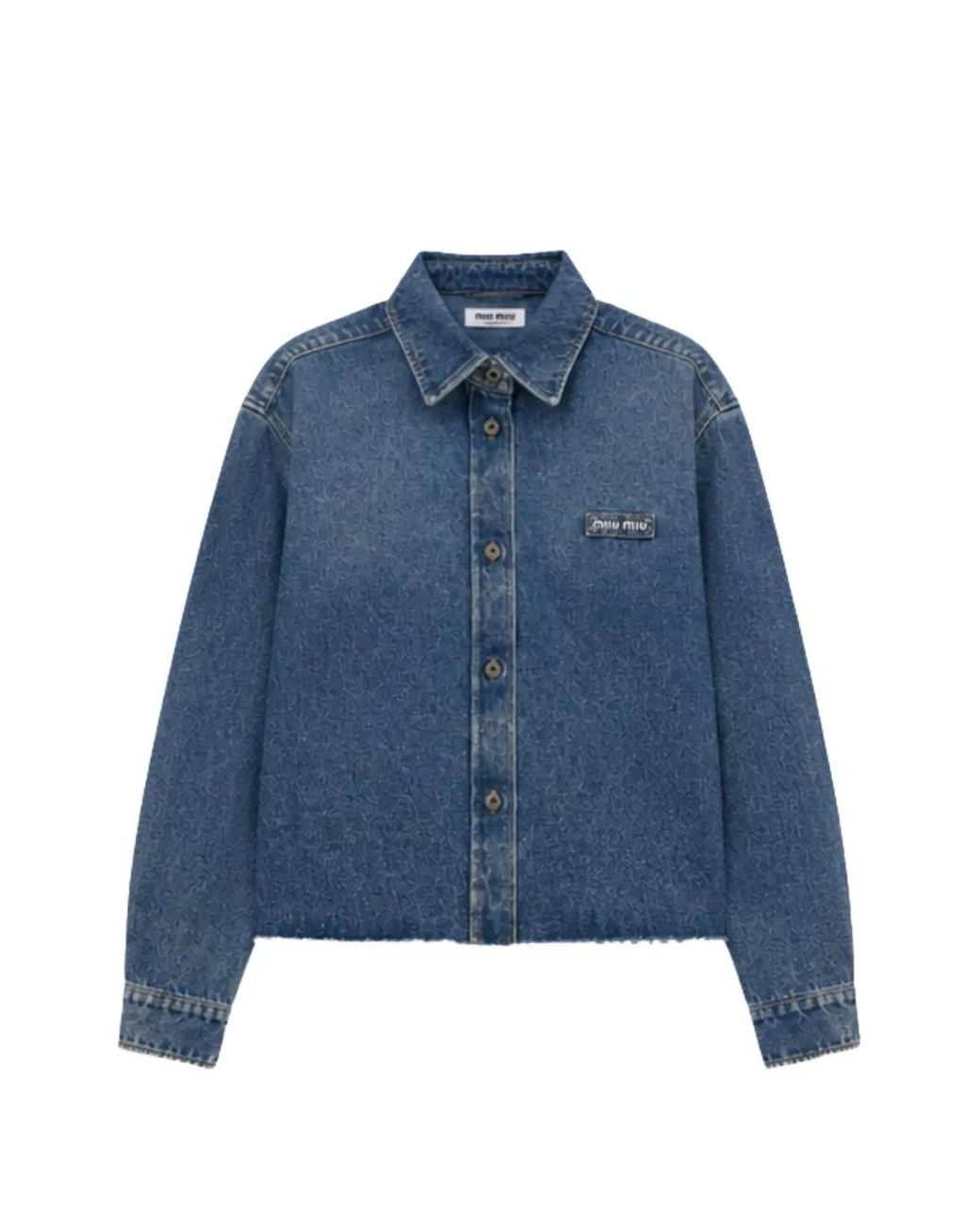 Miu Miu Blue Logo-Patch Raw-Cut Shirt