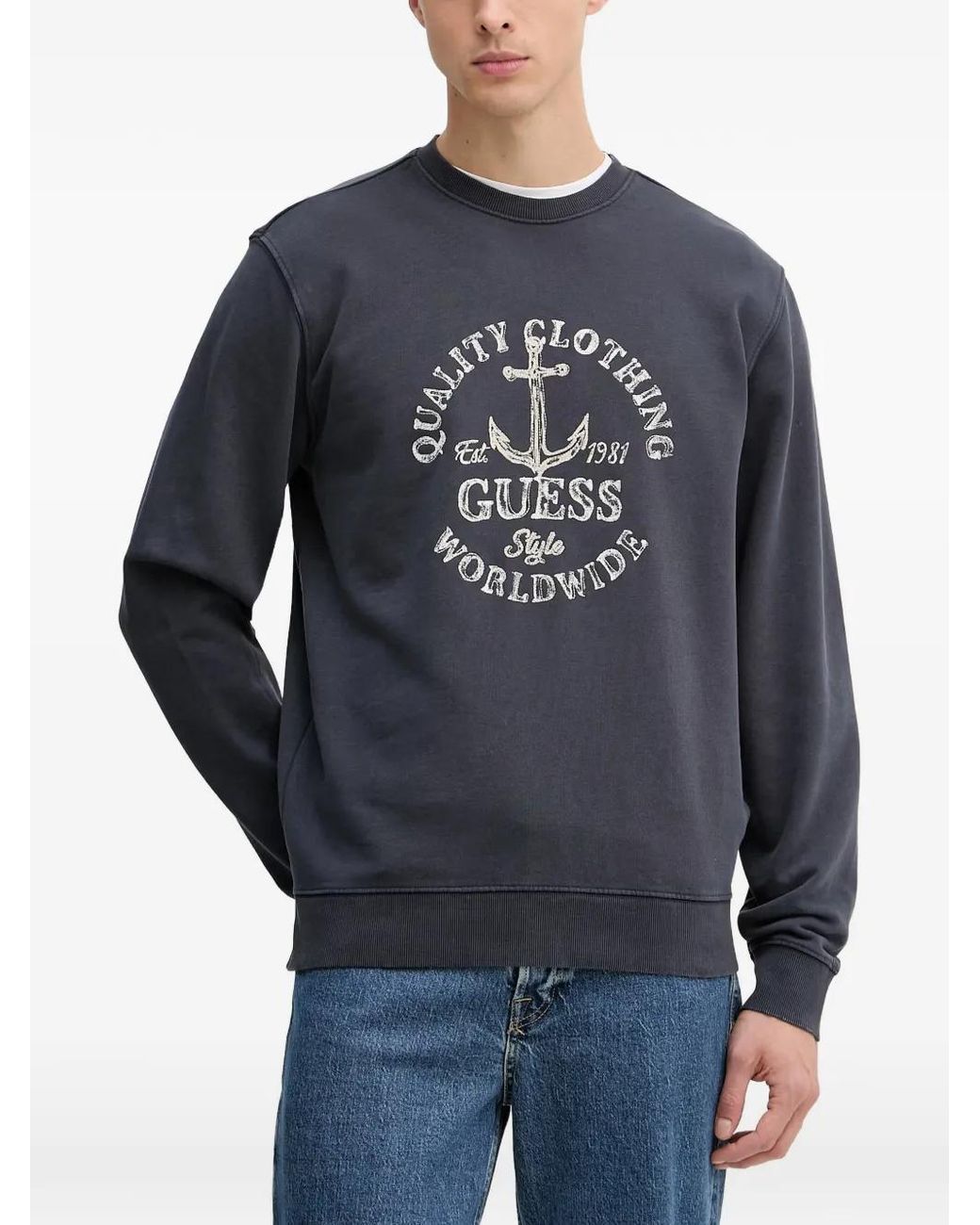 Guess Blue Embroidered Crew-Neck Sweatshirt for men