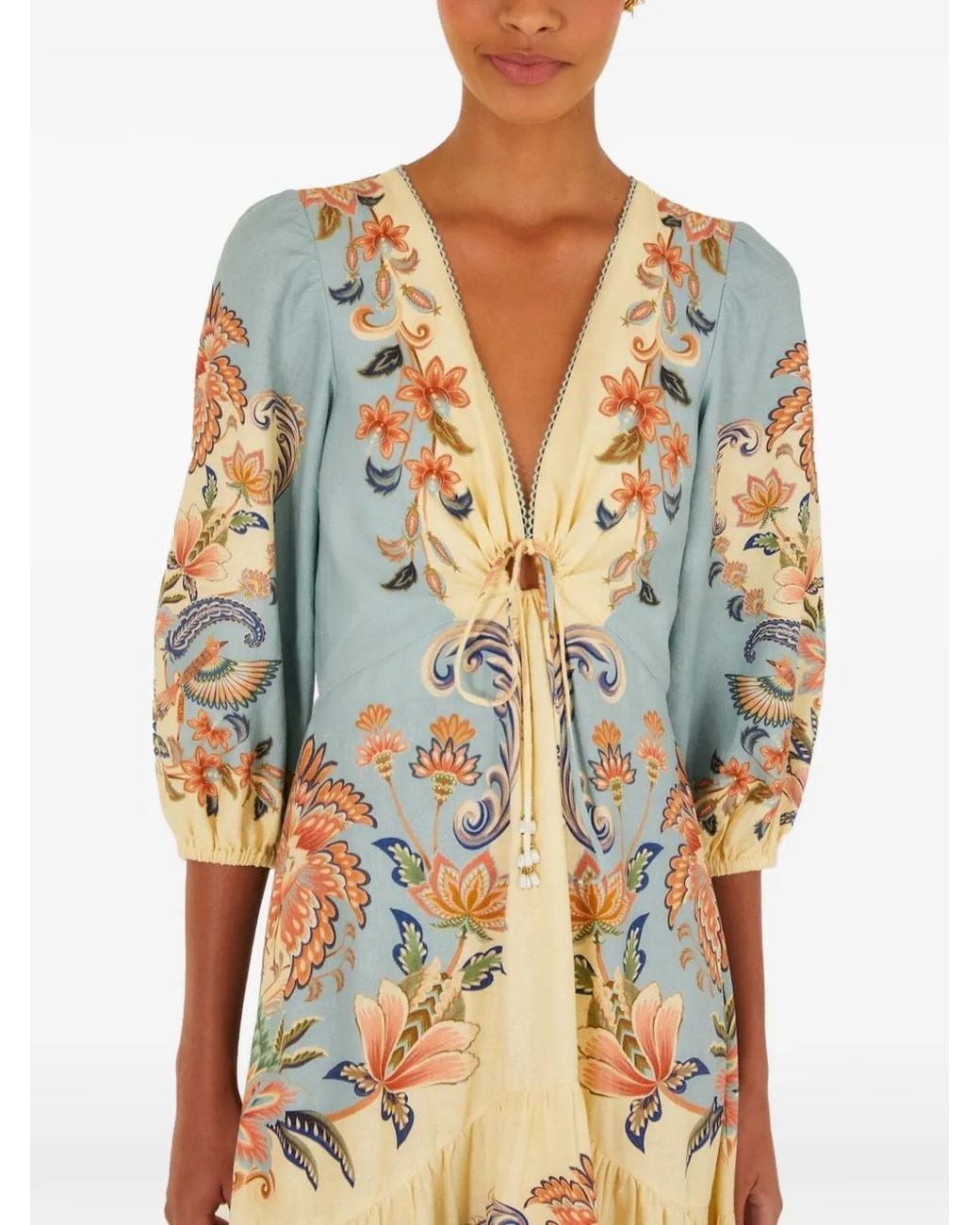 Farm Rio White V-Neck Floral-Detail Midi Dress