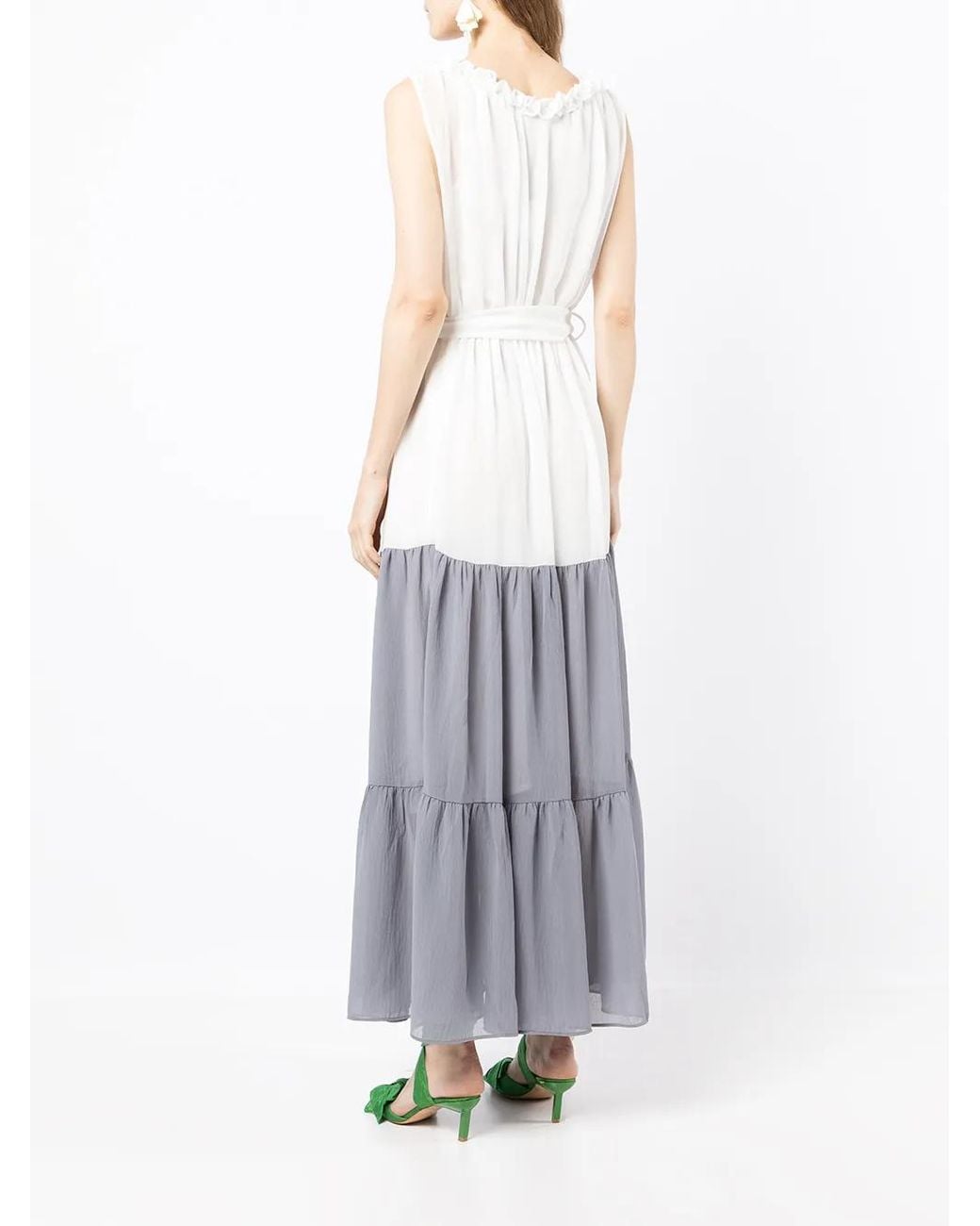 Baruni White Belted Tiered Evening Gown