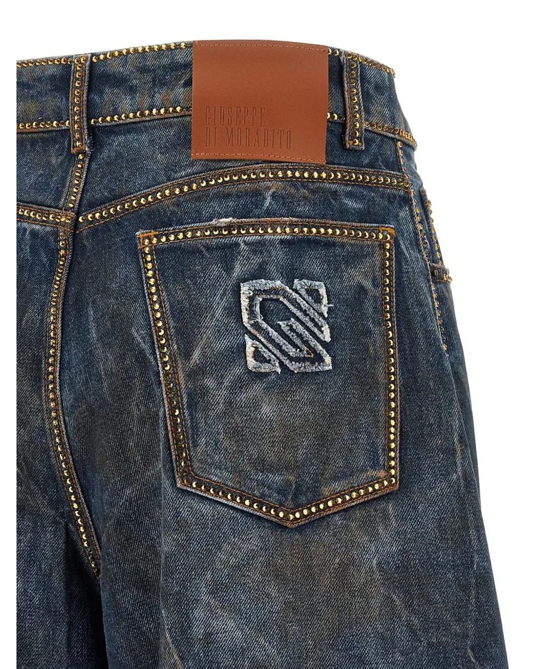 GIUSEPPE DI MORABITO Blue Rhinestone-Embellished Barrel-Leg Jeans