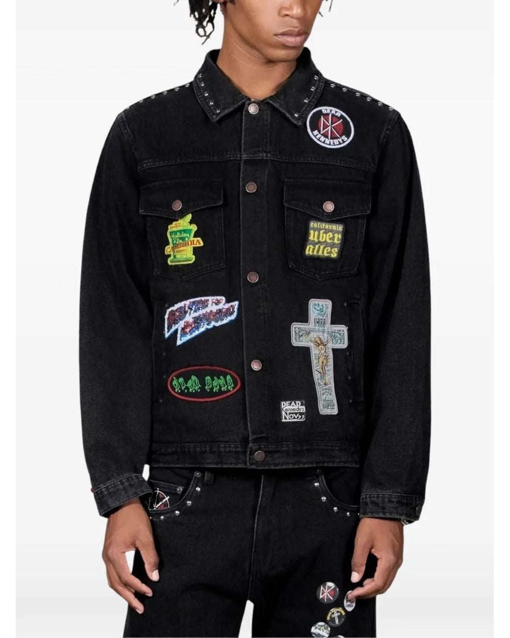 Pleasures Black Patch-Detail Studded Denim Jacket for men