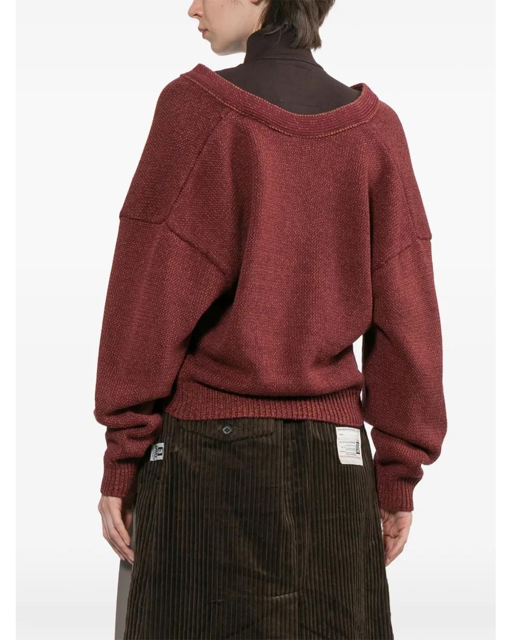 Maison Mihara Yasuhiro Red Distressed Cable-Knit Cardigan