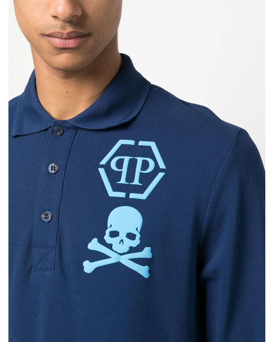 Philipp Plein Blue Logo-Print Polo Shirt for men