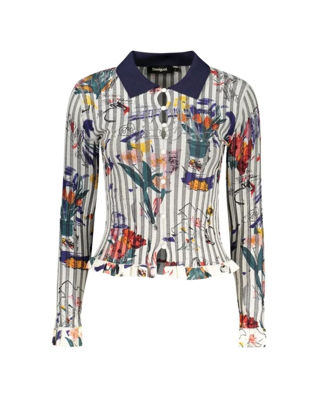 Desigual Blue Floral-Print Ruffled Shirt