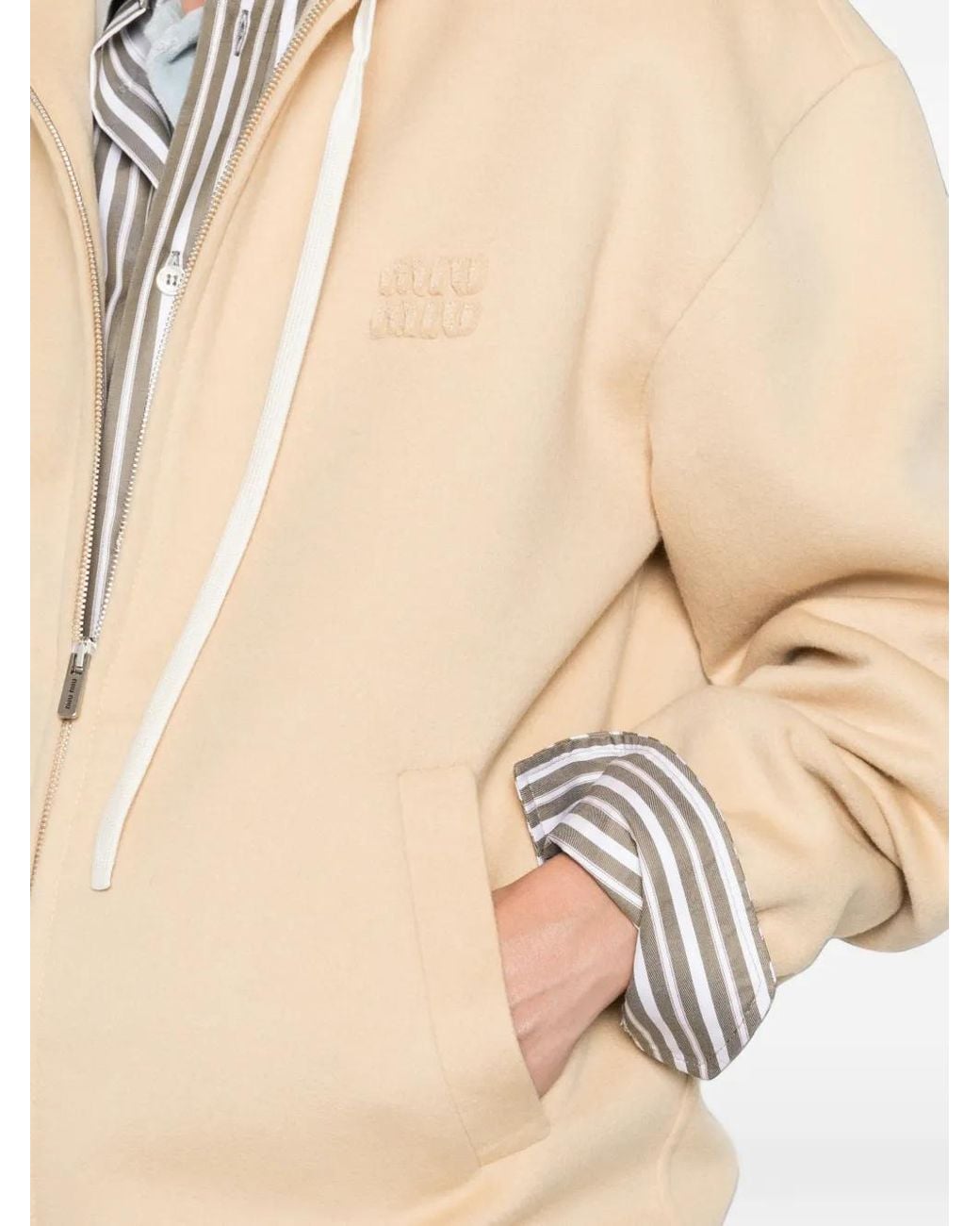 Miu Miu Natural Logo-Embroidered Zip-Up Hoodie