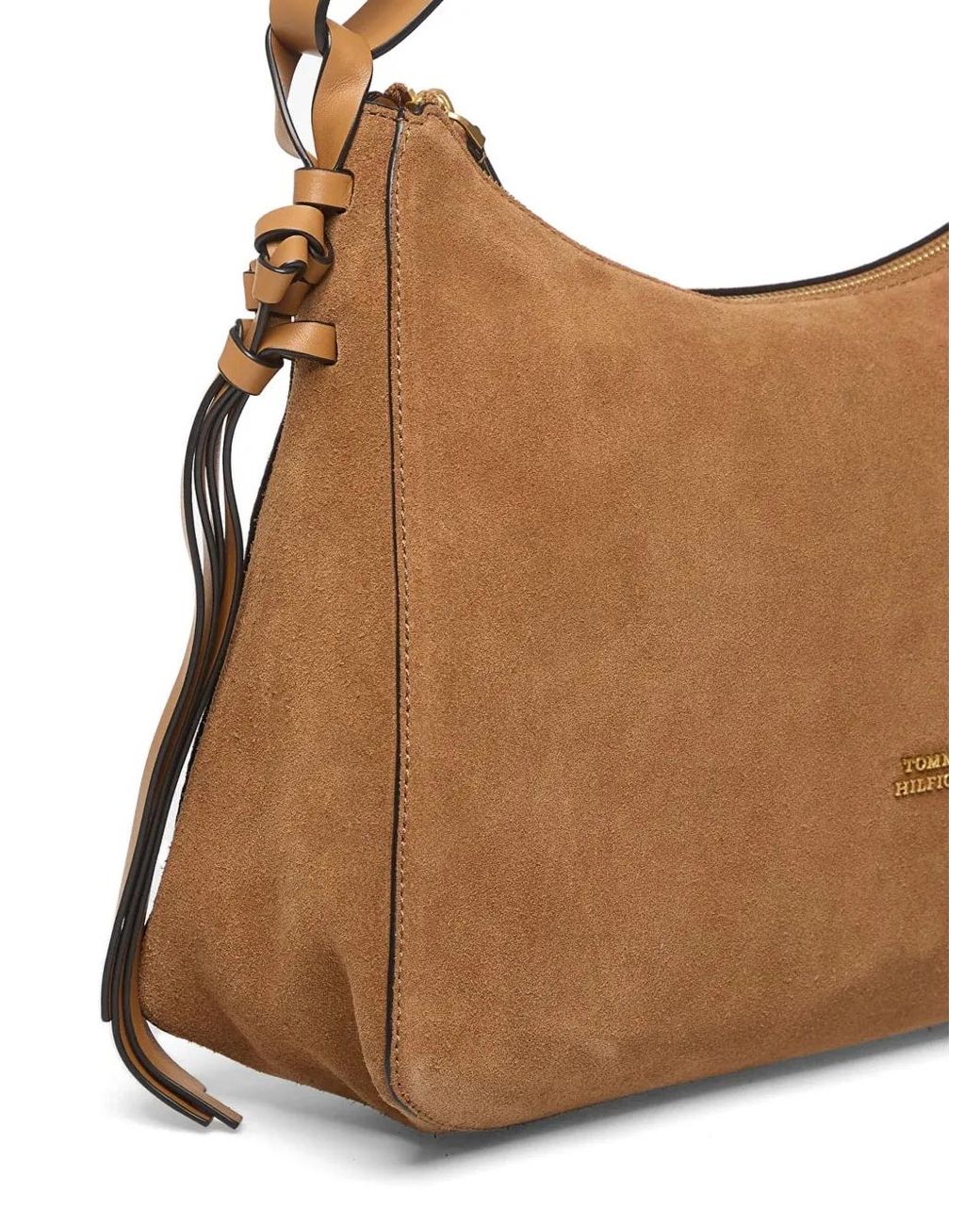 Tommy Hilfiger Brown Metal Logo Suede Shoulder Bag