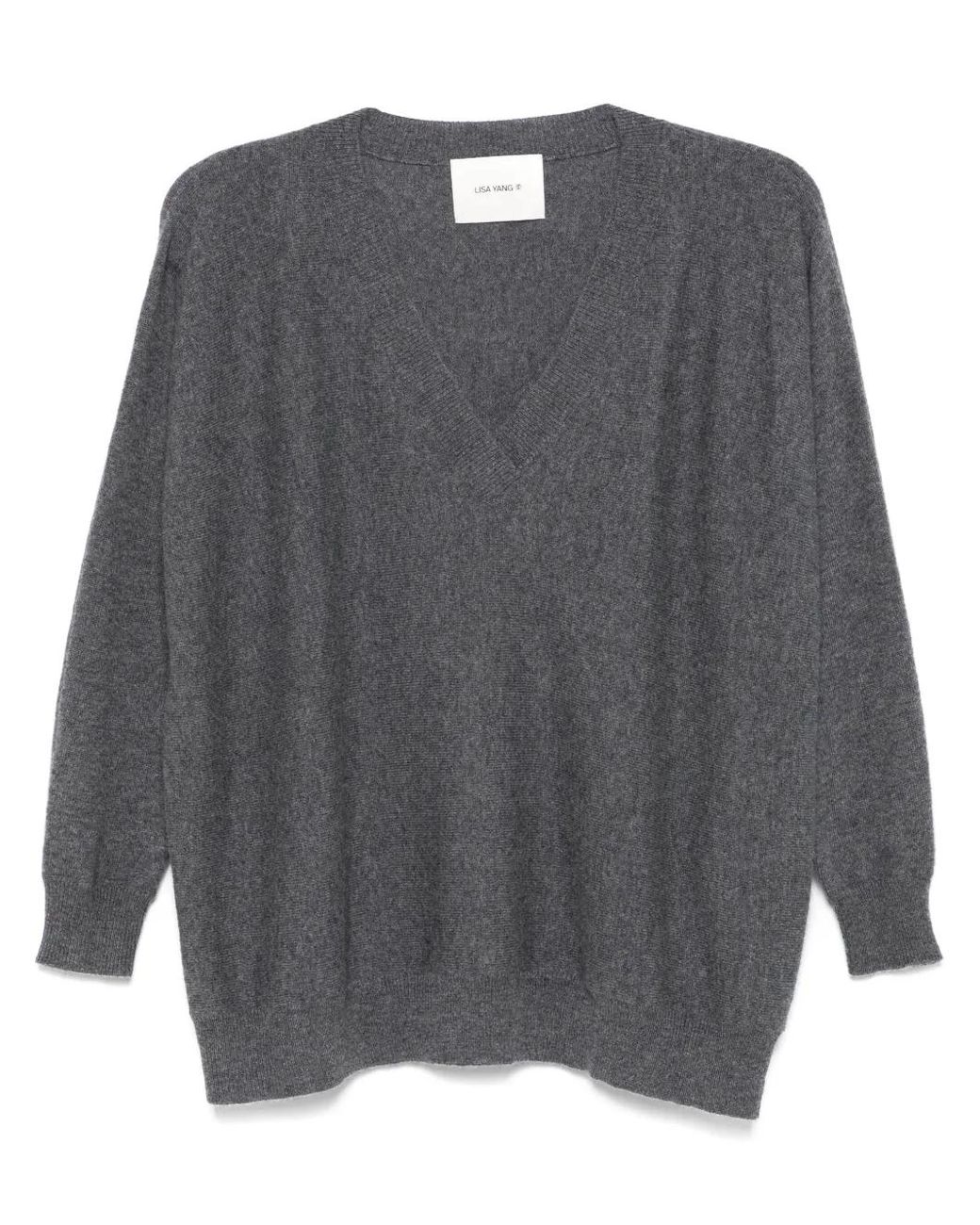 Lisa Yang Gray Fine Knit Cashmere V-Neck Sweater