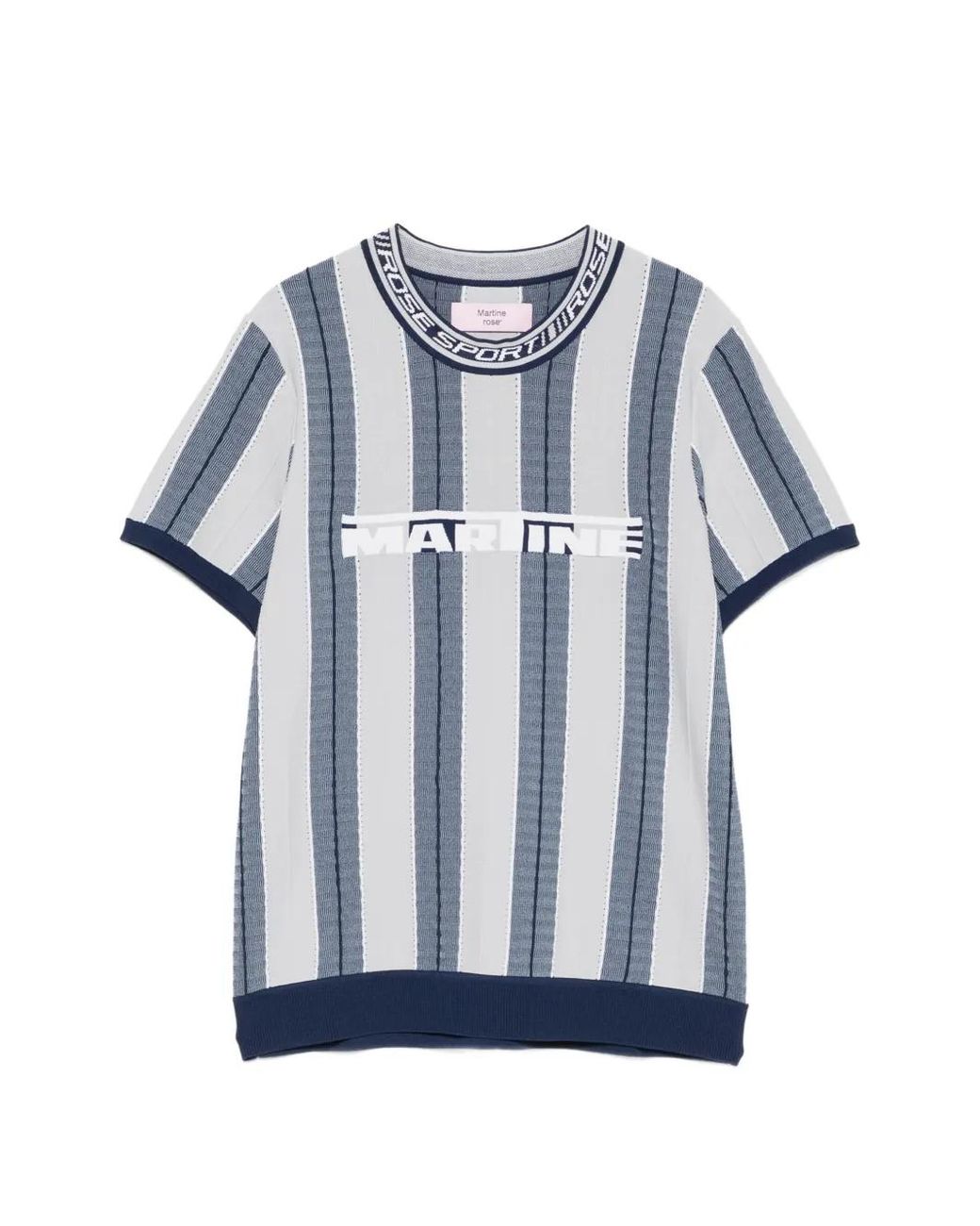Martine Rose Blue And Striped Viscose Blend Knit T-Shirt With Logo On The Front for men