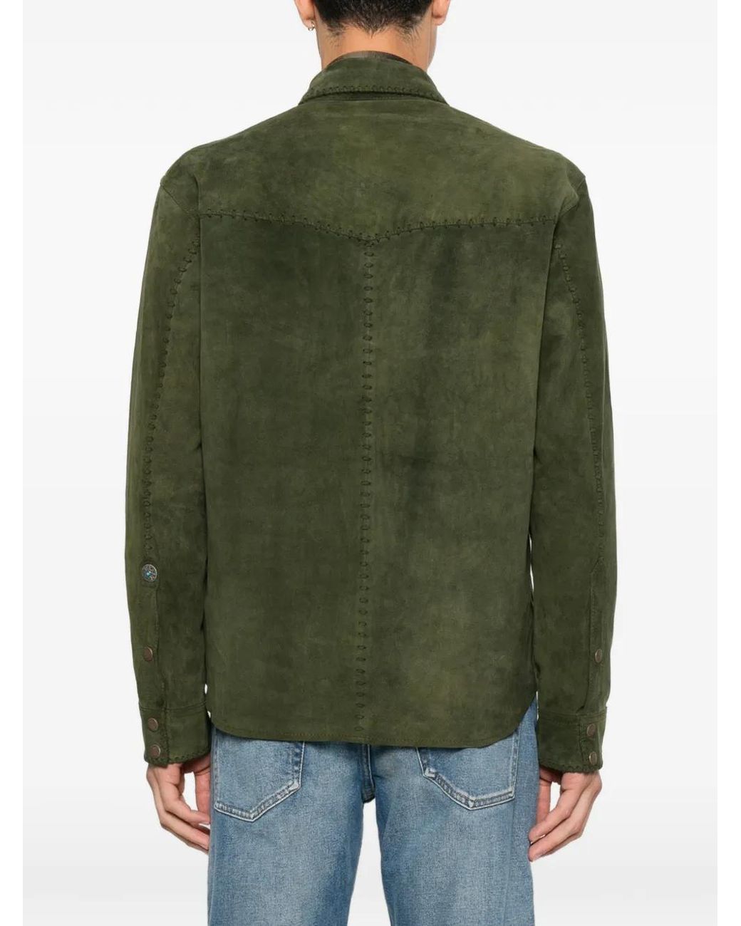 Antik Denim Green Whipstitch-Trim Button-Up Shirt for men