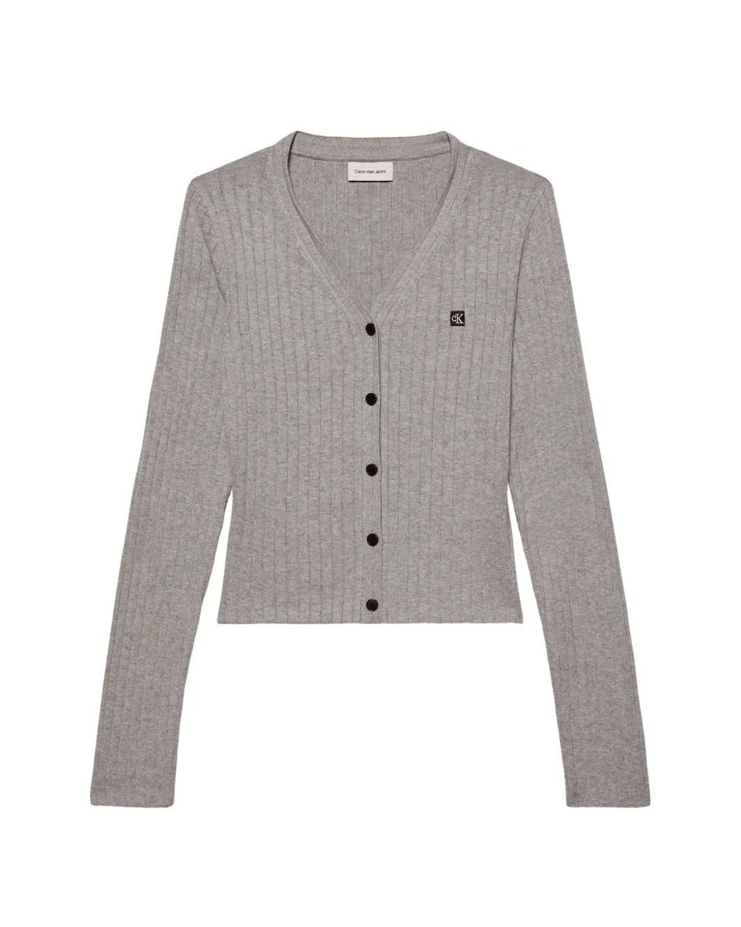 Calvin Klein Gray Ribbed-Knit Logo-Patch Cardigan