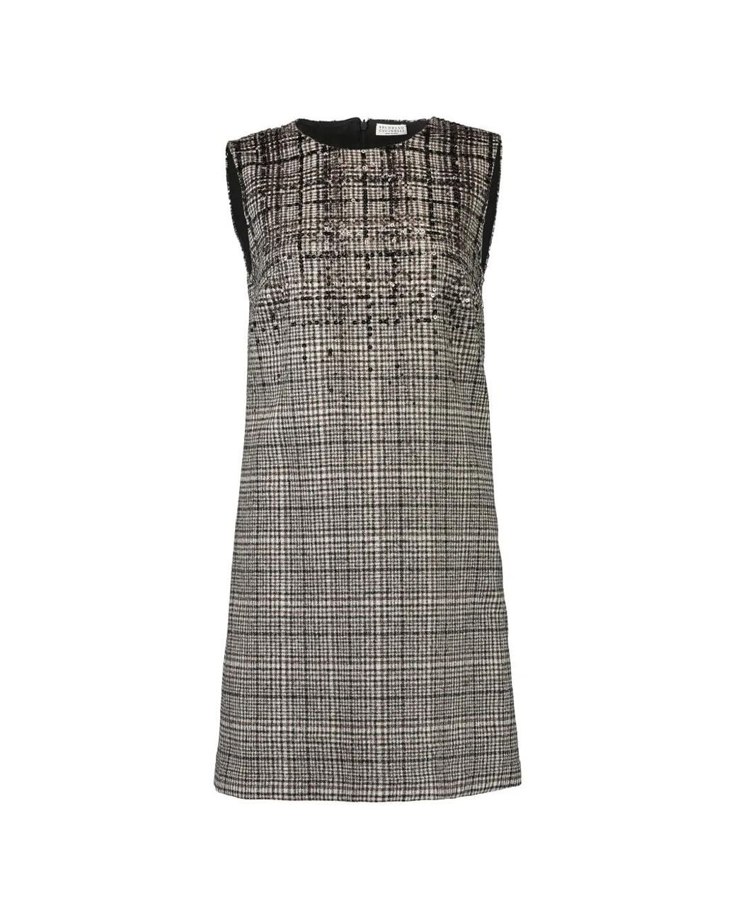 Brunello Cucinelli Gray Sequin-Embellished Check-Pattern Dress