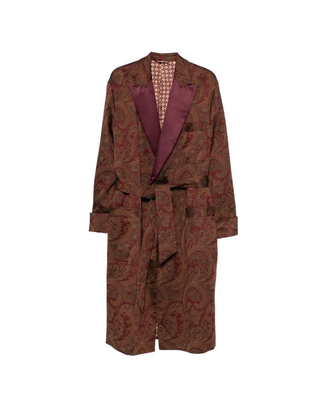 Etro Brown Belted Coat With Jacquard Paisley Print for men