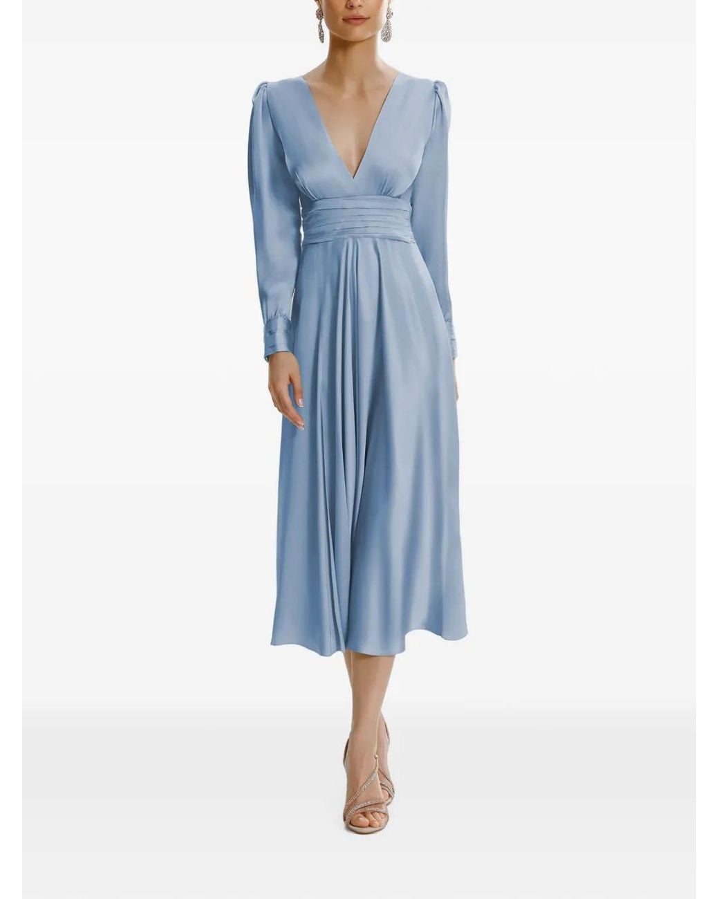 Framboise Blue Ruched-Waist Long-Sleeve Midi Dress