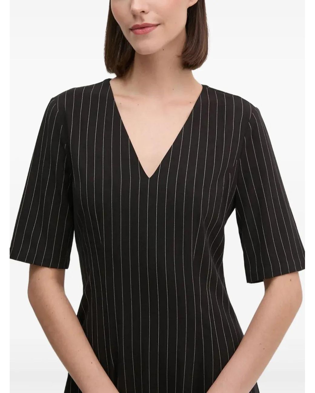 DKNY Black Striped V-Neck Midi Dress