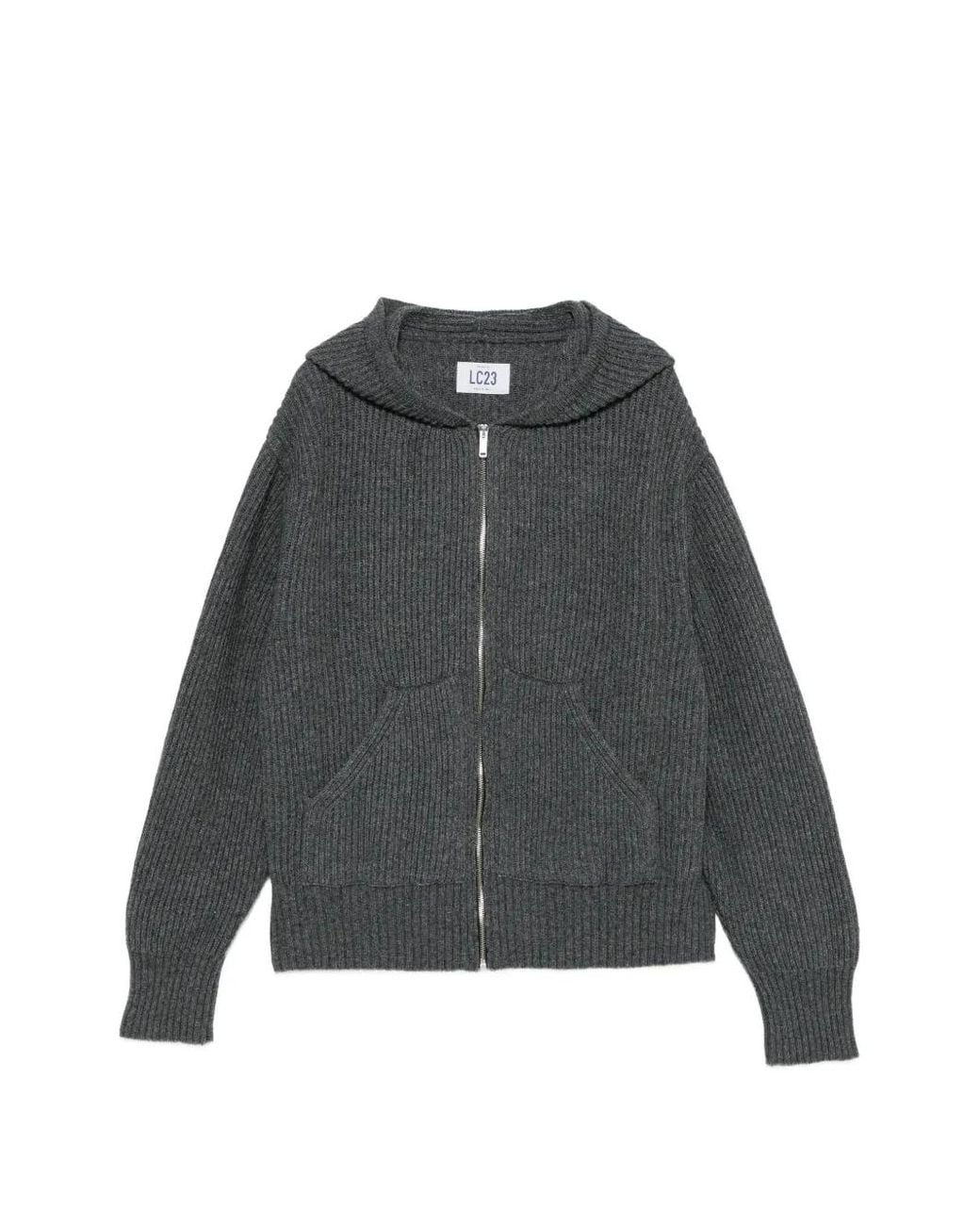 LC23 Gray Ribbed-Knit Zip-Up Hoodie Sweater for men