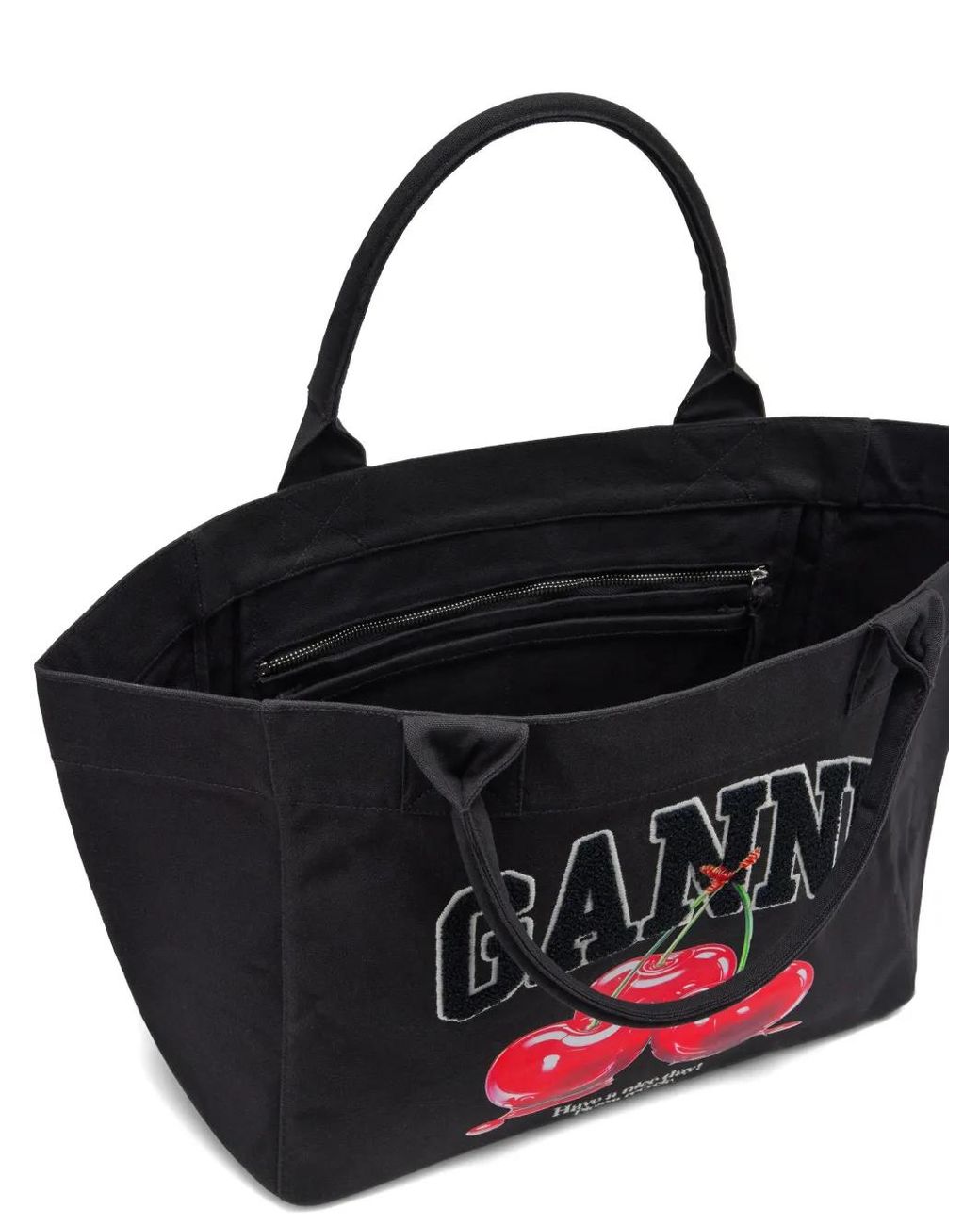 Ganni Black Phantom Cotton Cherry Printed Shopper
