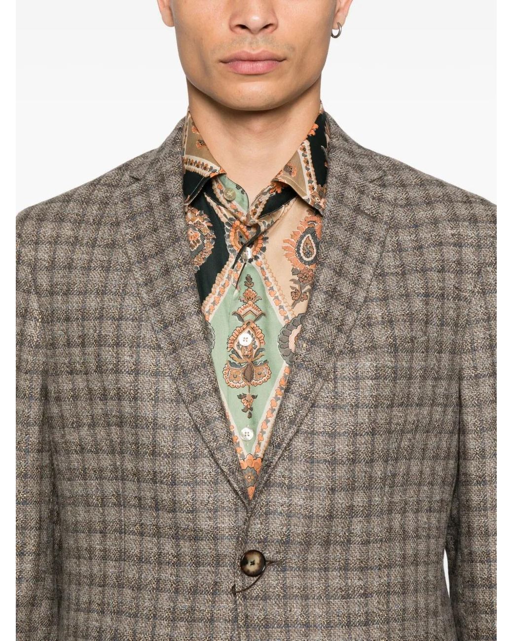 Etro Gray Checked Paisley-Lined Blazer for men