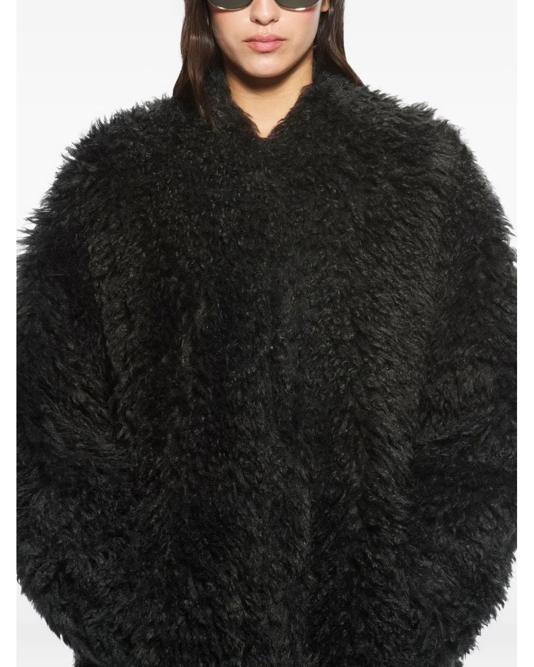 Stand Studio Black Long Straight Faux Fur Jacket With Hidden Hook Closure, Side Pockets