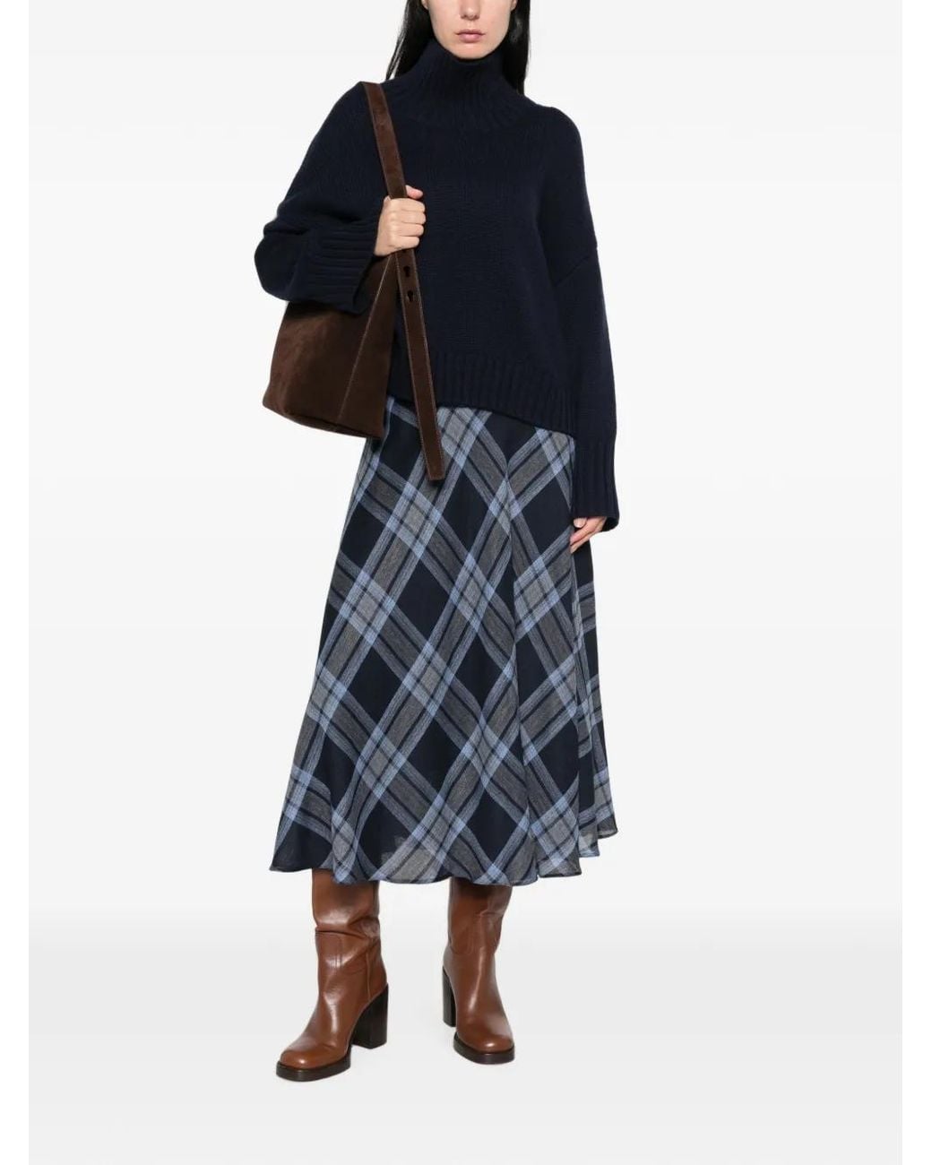 Marella Blue Check-Pattern Flared Mid Skirt