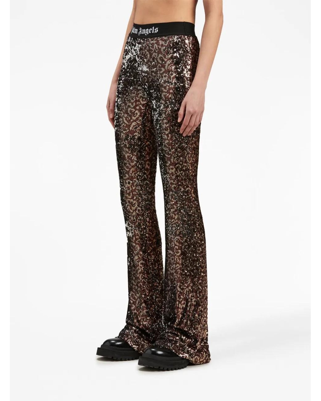 Palm Angels Brown Logo-Tape Sequin Flared Trousers